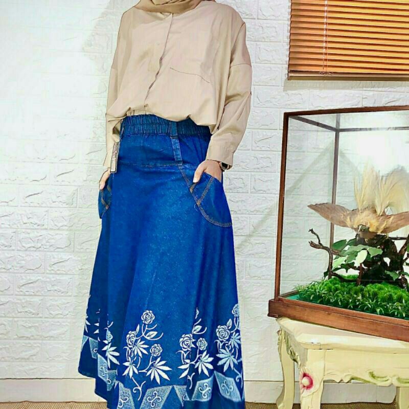 Rok Jeans / Rok Panjang / Rok Payung Jeans Motif Sablon BB 60-80 Kg