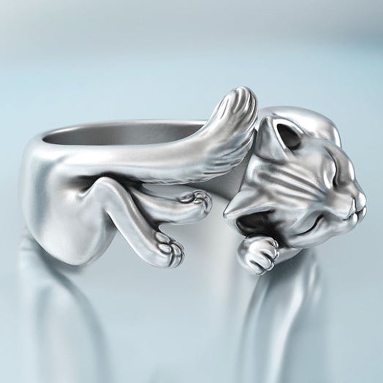 Cincin Model Terbuka Desain Kucing Hitam Totem Bahan Stainless Steel 925