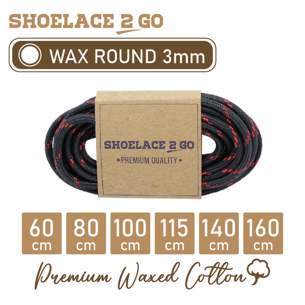 SHOELACE 2 GO PREMIUM TALI SEPATU LILIN WAX BULAT ROUND - WR3 - M2 - BLACK &amp; RED STRIPE - 3MM - 60CM 80CM 100CM 115CM 140CM 160CM