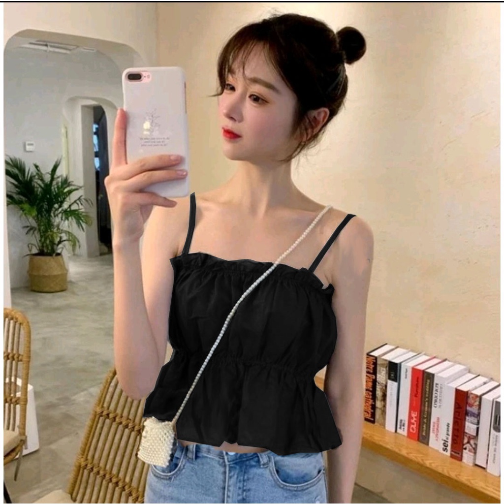 Tanktop Tali Kecil Kerut Tengah Polos Bahan Adem  / Tanktop Korea 877