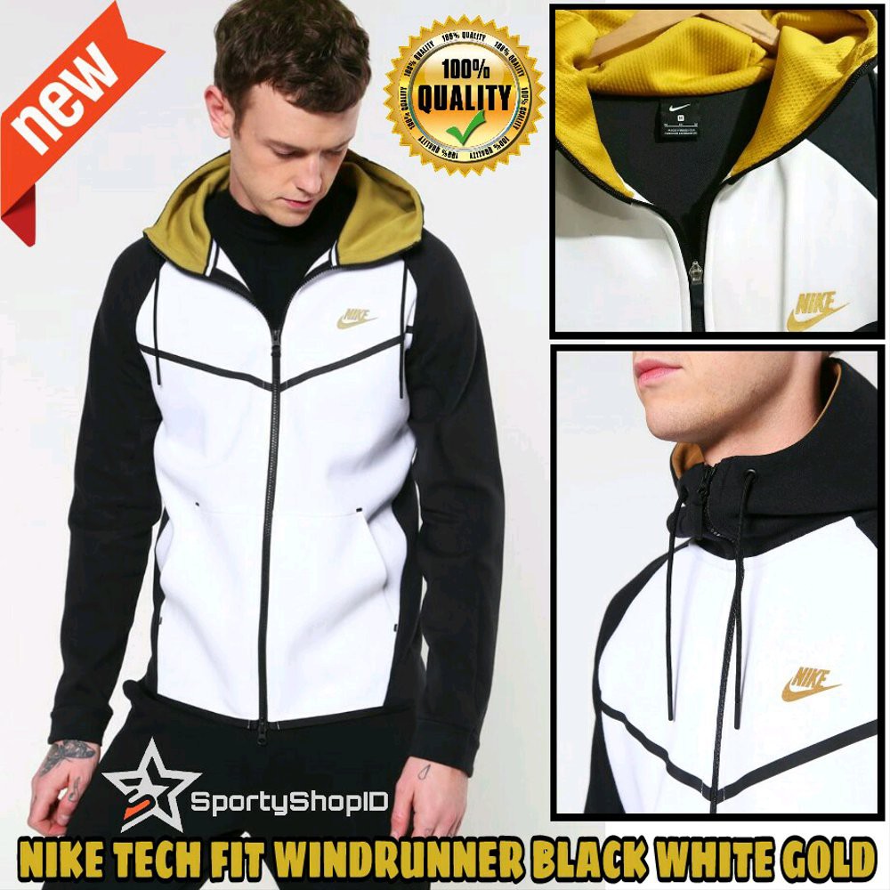 JAKET HOODIE NIKE TECH FLEECE WINDRUNNER BLACK WHITE GOLD KUALITAS TINGGI REPLIKA ORIGINAL SUPER PRE