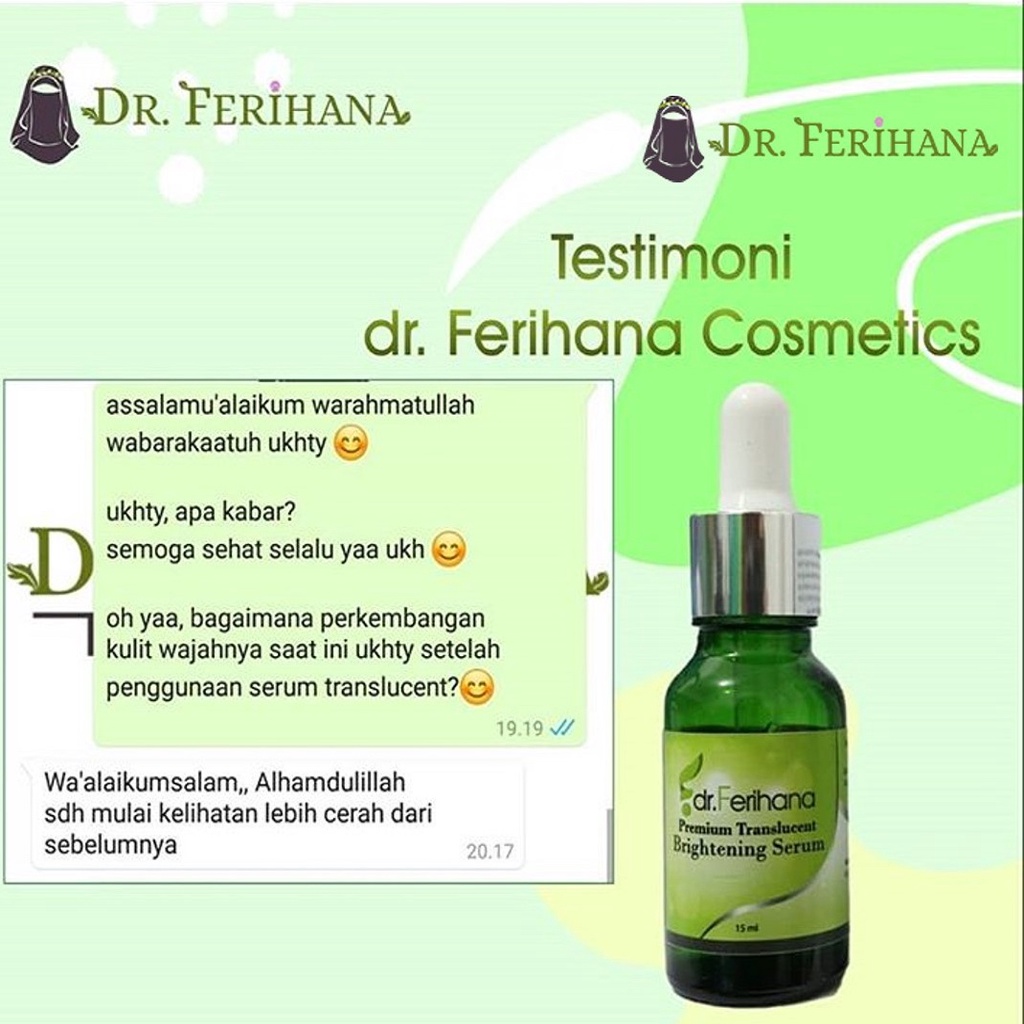 Serum Wajah - Premium Translucent Brightening Serum DR. FERIHANA COSMETICS &amp; SKINCARE untuk Mengatasi Flek Melasma Tanda Penuaan Mencerahkan dan Anti Aging Terbaik BPOM LPPOM HALAL MUI