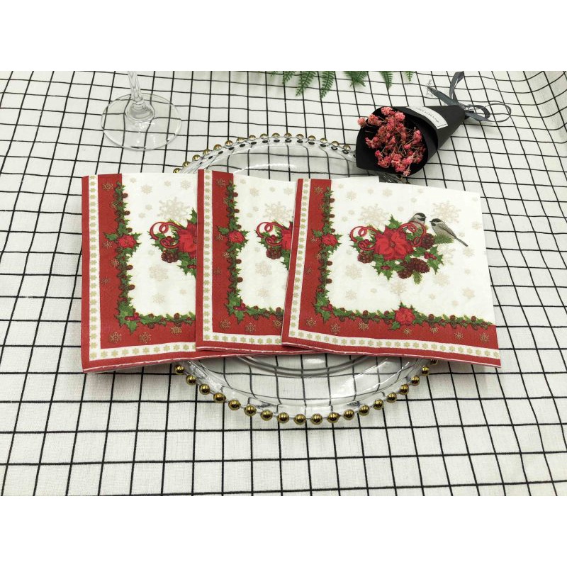 20pcs/set Christmas Red Lace Bird Colorful Printed Napkins Festive Party Paper Napkins