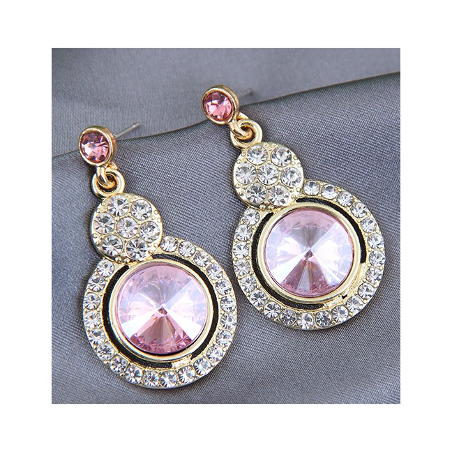 LRC Anting Tusuk Fashion Pink Alloy Earrings With Round Diamonds A61810