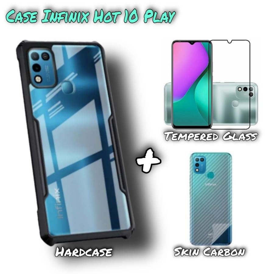 Case Infinix Hot 10 Play Paket 3in1 Tempered Glass Layar dan Skin Carbon Tranparant Garskin