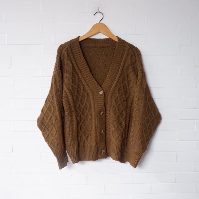 Vintage House Cross Crop Cardi (Cardigan Rajut Cable Wanita Korea / Korean Cardigan)-Dark Brown