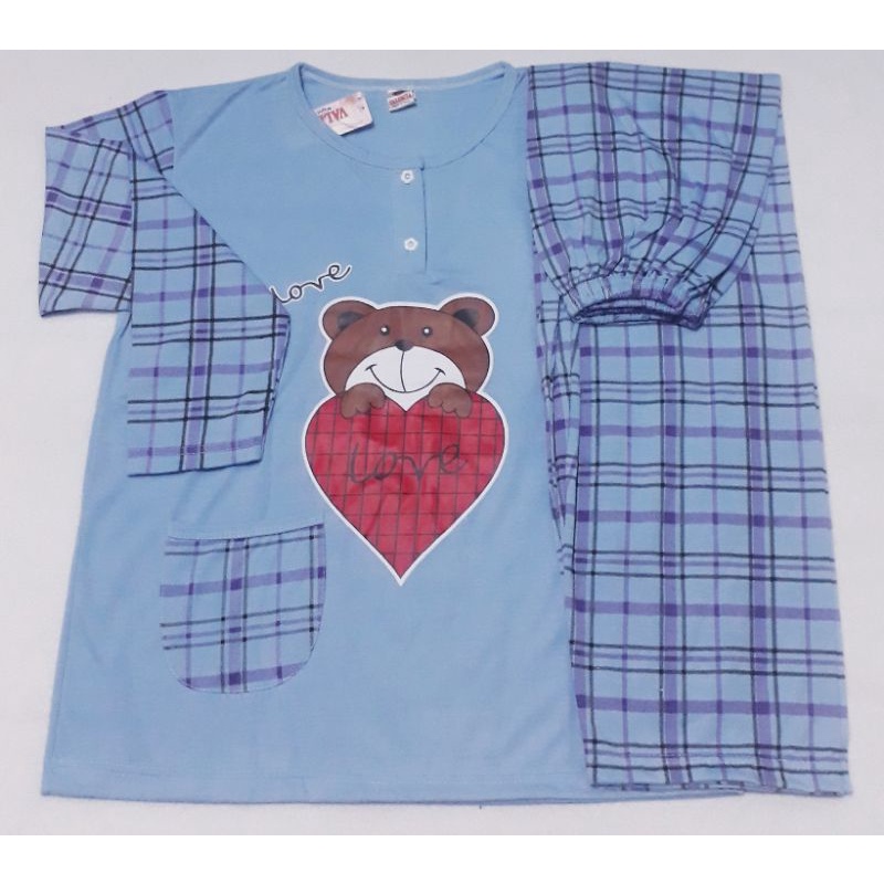 Baju Tidur Dewasa Lengan Panjang CPP XXL Piyama Dewasa murah-BIRU TUA KOTAK LOVE