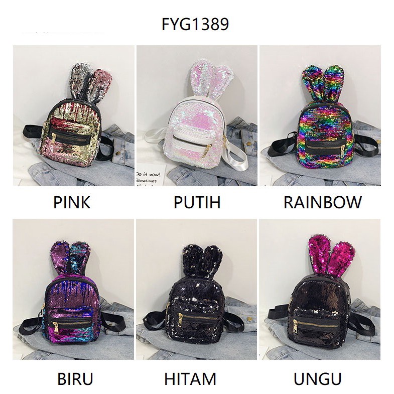 Retaily RY1389 Tas Ransel Anak Kelinci Glitter Backpack Sequin Rabbit Fashion