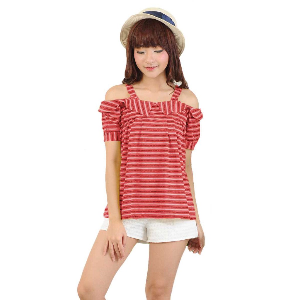 Kaos Lengan Pendek Corak Salur Wanita Model terbaru - Jfashion Nafa Ningrat Collection