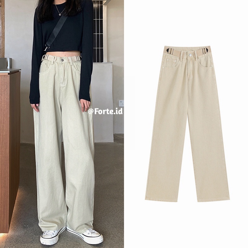 Celana Denim Wanita Jeans High Waist Korean Style Fashion Retro khaki Straight Pants Loose