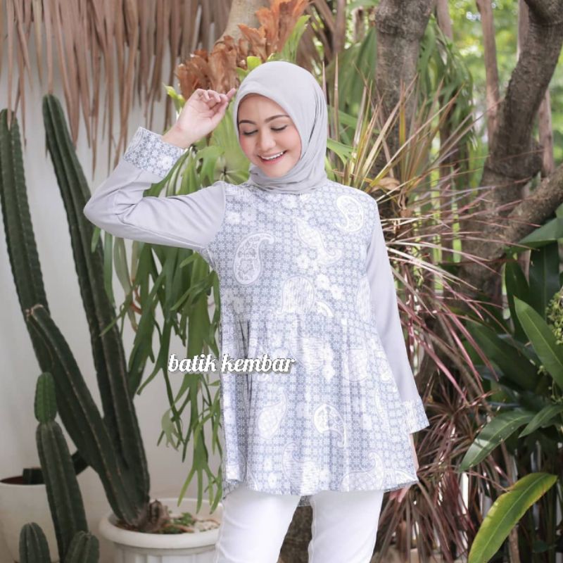 tey-17 Batik wanita ASJ SA HRB026 Kenongo Kemeja Tosca Pendek-Sonia keong abu