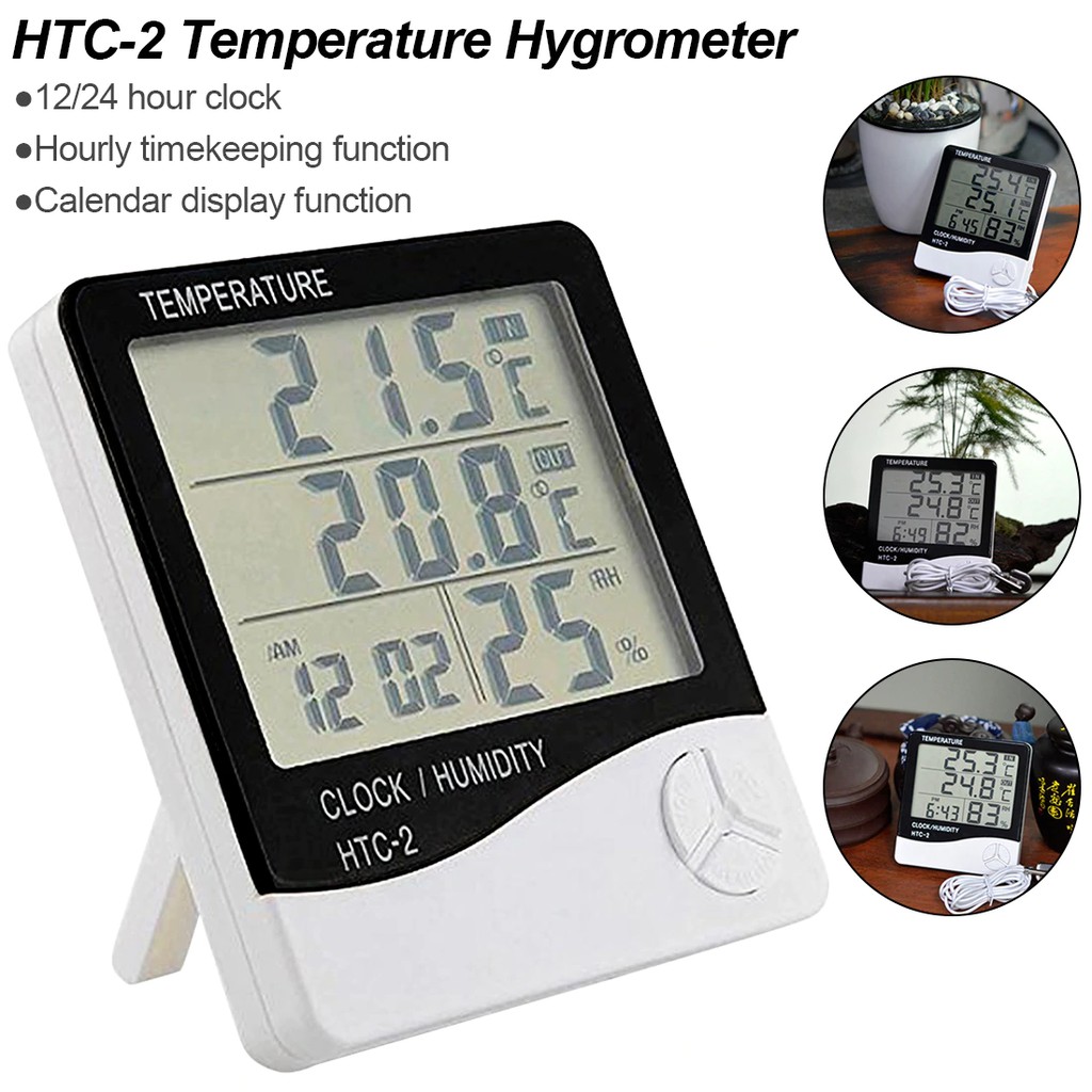 Digital Temperature Humidity Meter Clock Alarm Calender HTC-2