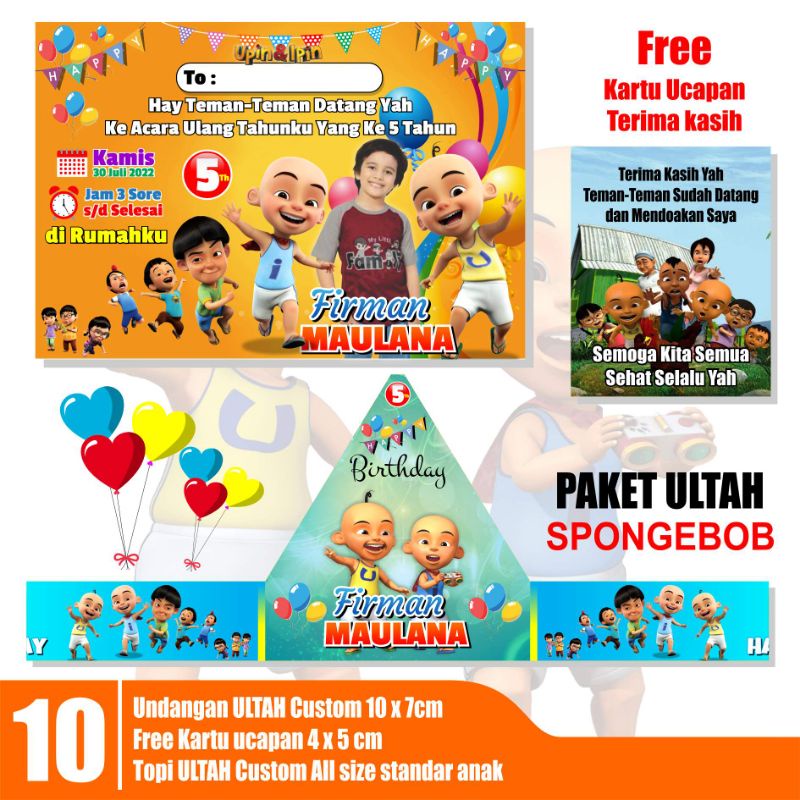 Undangan Ultah Tema Upin Ipin / Paket Undangan dan Topi