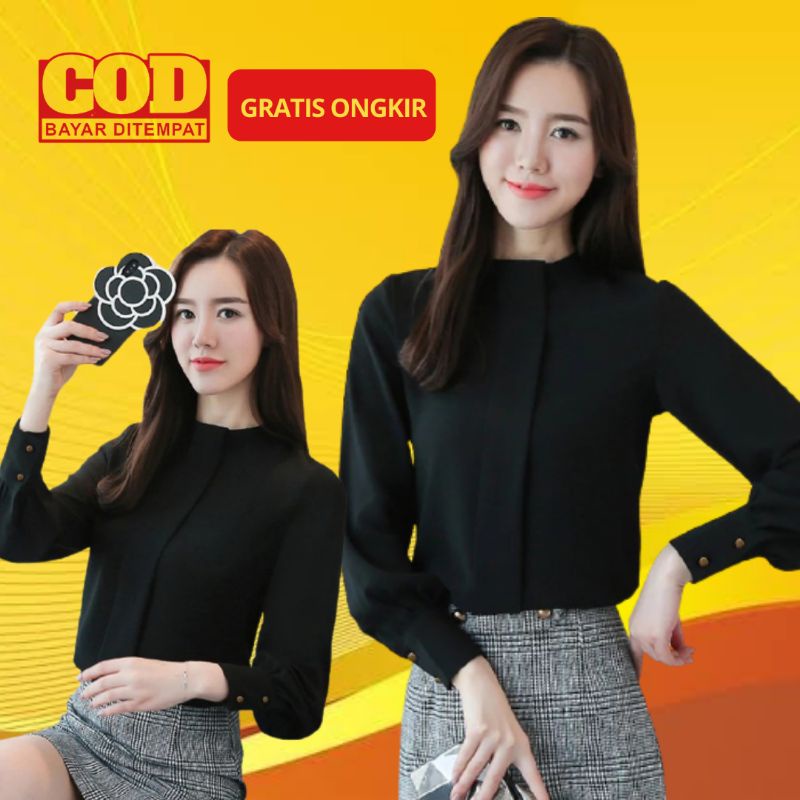Blouse Wanita Lengan Panjang Variasi Lipatan Baju Atasan Korean Style - HARINA-5