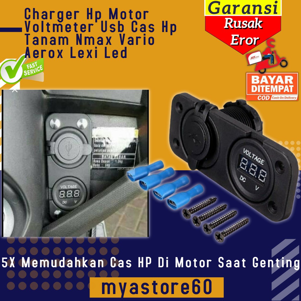 Charger Carger Cas Hp Motor Voltmeter Usb Cas Hp Tanam Nmax Vario Aerox Lexi Aksesoris Variasi Motor