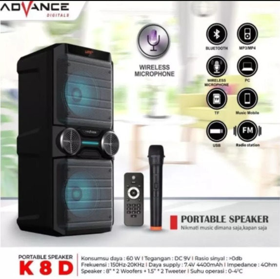 ADVANCE K8D SPEAKER MEETING PORTABLE DOUBLE SPEAKER 8 INCH FREE MICROPHONE/POWERBANK 7000mAh