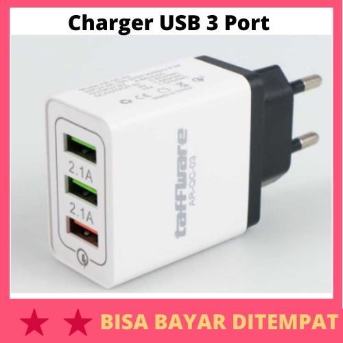 Charger USB 3 Port Qualcomm QC 3.0 EU Plug / Kepala Pala Batok Adapter Adaptor Port Colokan Lubang Charger Charge Carjer Cas Casan Ces 3 Kabel Cable USB Fast Quick Charging Cepat Penuh Hp Handphone Android Oppo Vivo Samsung Xiaomi Realme Redmi Infinix Ori