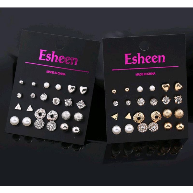 Set Anting Wanita Tusuk Bentuk Bulat Hias Kristal untuk Women Anting 12 Pairs Set