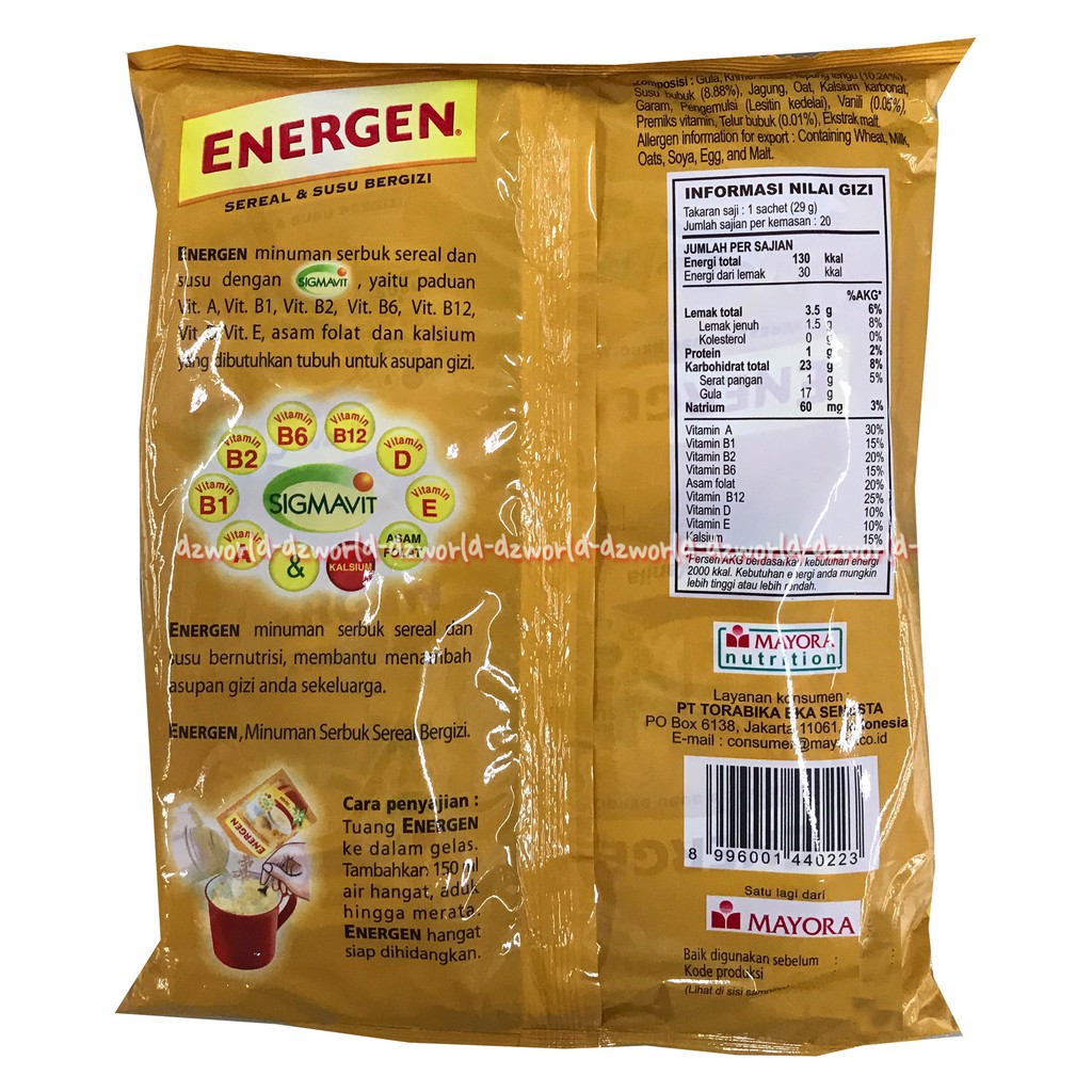 Energen Sereal Dan Susu Bergizi Rasa Vanila Minuman Cerael Instan 20Sachet