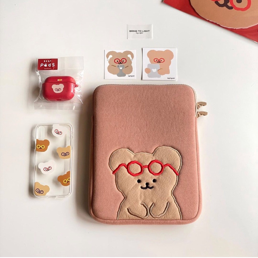 Sleeve Pouch Sarung Tas Bag Case Ipad Tab Tablet Macbook Air Pro Laptop Asus Acer Lenovo HP Huawei 11 12 13 14 15 inch Motif Gambar Beruang Bear Warna Pink Lucu Cute Murah Korean Model