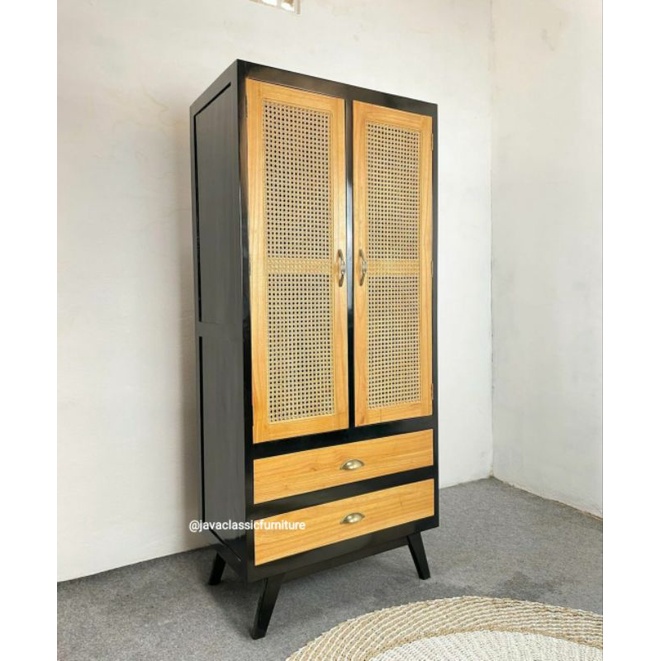 ALMARI ROTAN LEMARI MINIMALIS VINTAGE RETRO HITAM KOMBINASI NATURAL PINTU 2 SHEINNA RATTAN WARDROBE LACI 2 CABINET ANAK BAHAN KAYU JATI TUA GRADE A-2