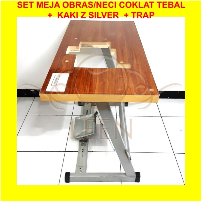 SET Meja Coklat TEBAL + Kaki Z SILVER Mesin Jahit Obras / Neci LEEN