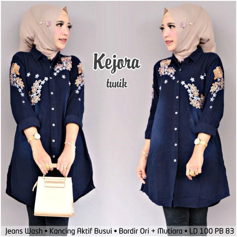 Ellora Kejora Tunik Jeans Atasan Wanita Muslim Jeans Bordir Original Megga Fashion