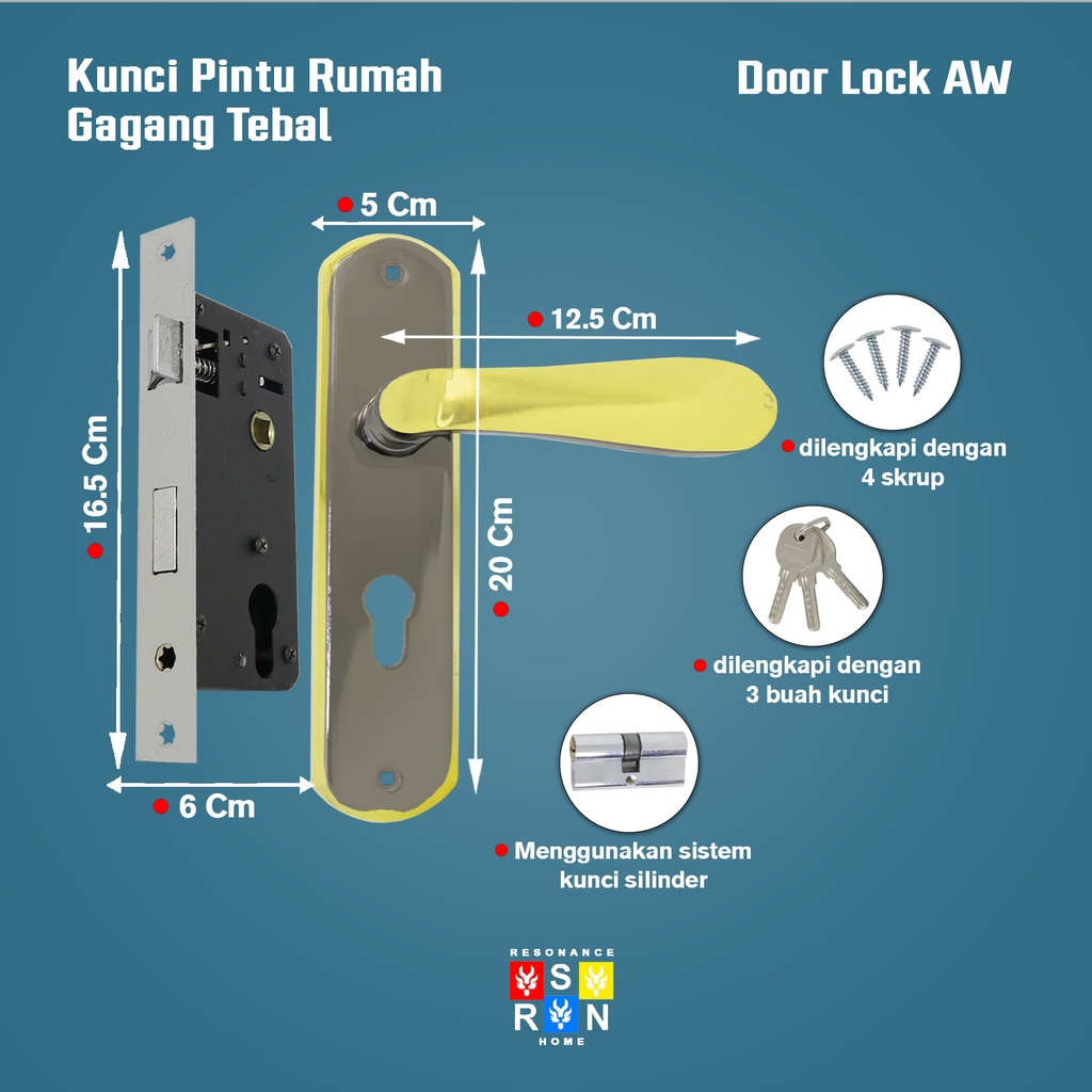 Set Gagang Kunci Pintu Rumah Tanggung 25CM Bahan Stainless Tebal Resonance Home