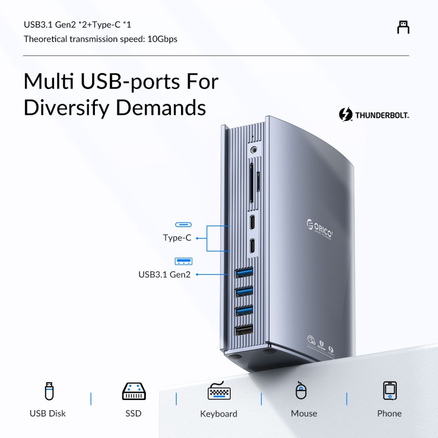 ORICO TB3-S3 15in1 Thunderbolt 3 40Gbps DP RJ45 PD SD TF Type C USB