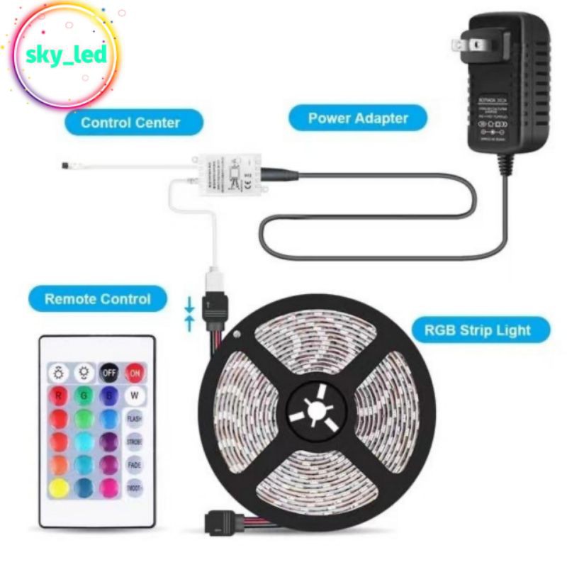 PKAET Lampu Led Strip RGB Warna Warni IP44 2835 3528 Komplit Set Adaptor Remote