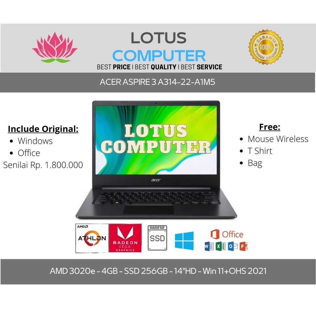 ACER ASPIRE 3 A314-22-A1M5/AMD 3020E/4GB/256GB/14"HD/Win 11/Black