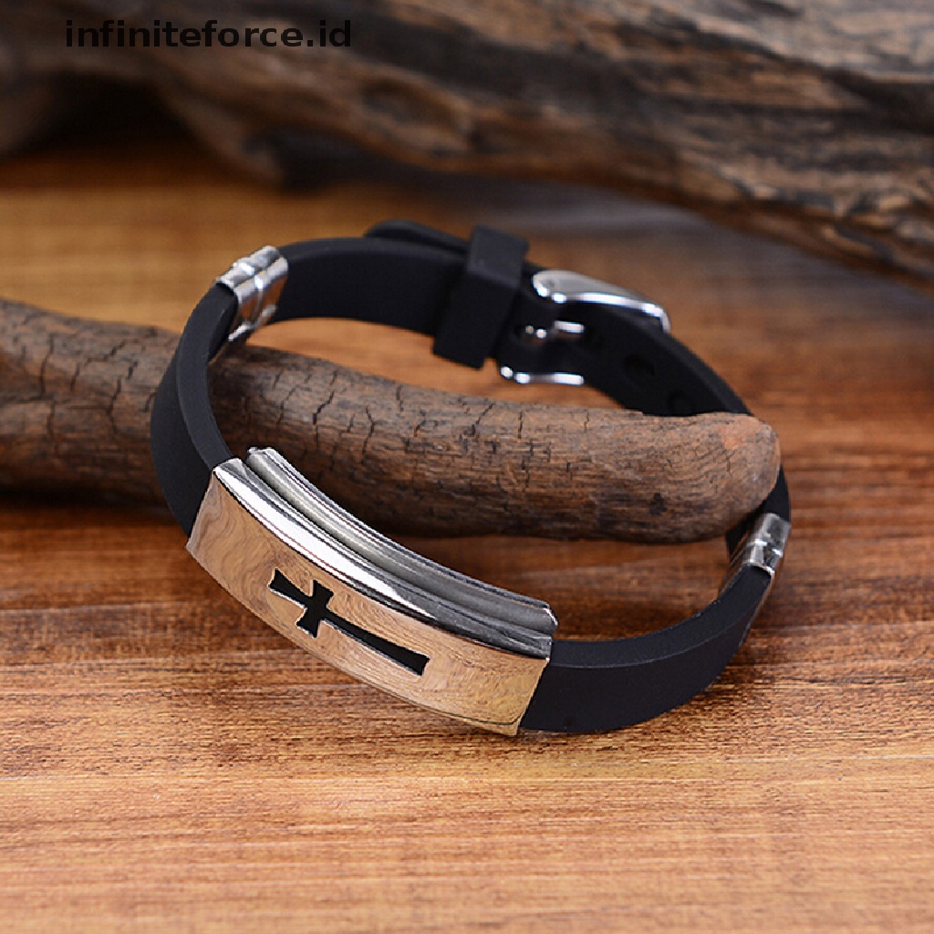 Infiniteforce.id Gelang Tangan Karet Hitam Aksen Salib Stainless Steel Untuk Wanita