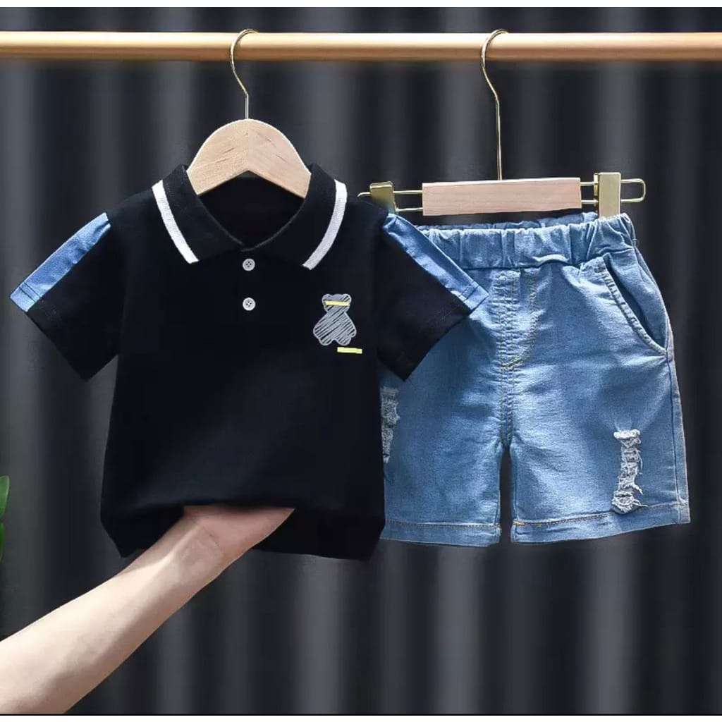 PROMO-SEELAN ANAK BAJU ANAK PAKAIAN ANAK LAKI LAKI TERBARU SETELAN POLO BEAR DENIM 1-5 TAHUN