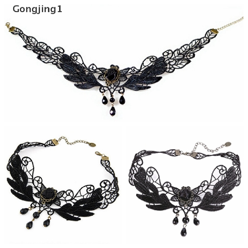 Gongjing1 Kalung Choker Lace Lolita Liontin Bunga Mawar Hitam Untuk Wanita