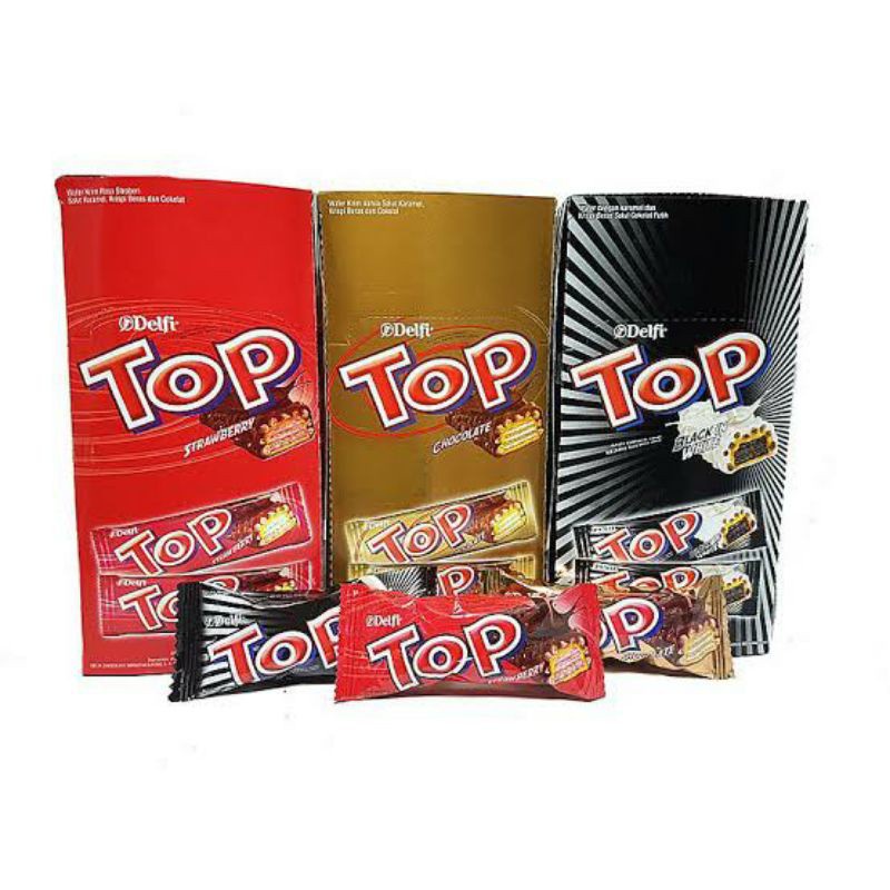 

BEST SELLER DELFI TOP COKELAT ( Coklat / Strawberry / Black White) 1 Box isi 24 CEMILAN MURAH