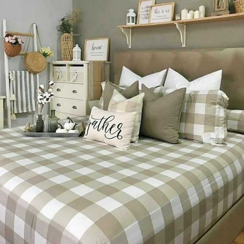 Sprei Katun Elbhe Motif Emily Khaki Pink Ukuran 180x200 160x200