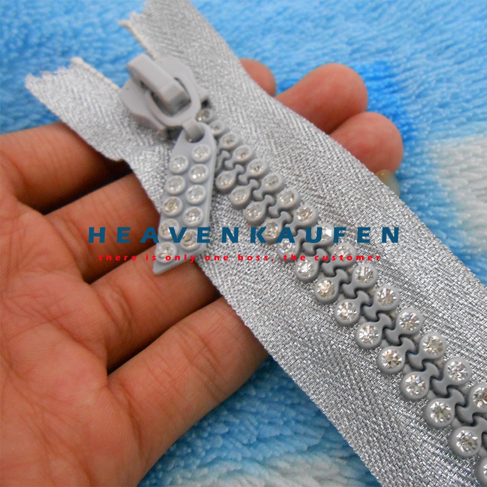 Resleting Zipper 15 cm Silver Hias Permata Imitasi