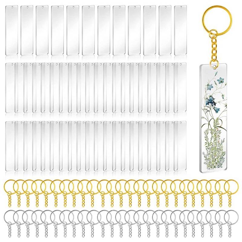 SIY  50Pcs Acrylic Keychain Blanks with Rings Clear Key Chains Rectangle Acrylic Blanks for DIY Crafting Vinyl Projects