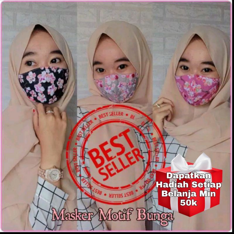 masker 3 ply dewasa motif BUNGA bahan katun standart SNI