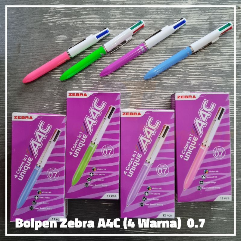 

Bolpen ZEBRA A4C 4 Warna Semi Jell Fine 0.7 (per lusin / 1 box)