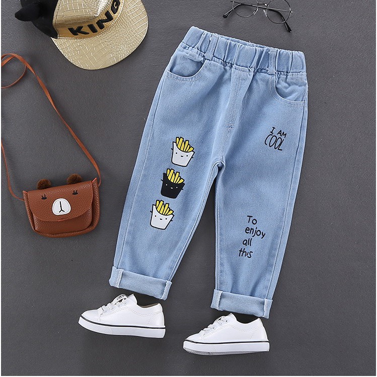 Celana panjang jeans anak import motif wow / french fries