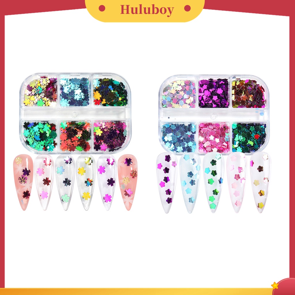 Huluboy Huluboy♡ 6 Grids / Box Serpihan Glitter Sequin Bentuk Bunga Ultra Tipis Untuk Dekorasi Manicure Charms