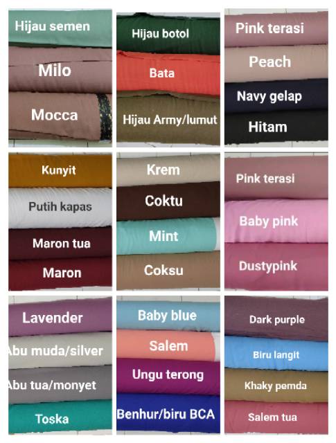 jual sampel warna/katalog Kain wolfis, Wollycrepe, moscrepe Mosscrepe dll