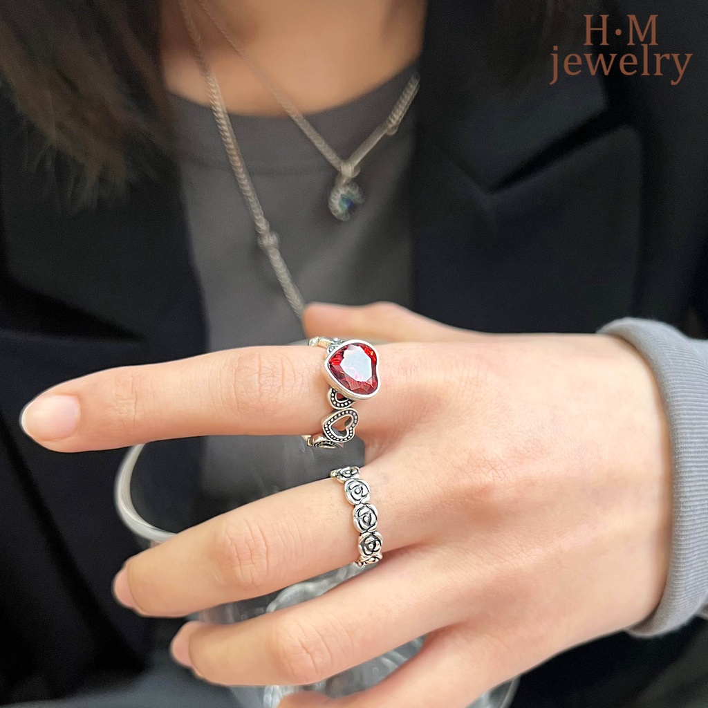 Cincin Model Terbuka Bentuk Hati Warna Merah Darah Merpati Gaya Retro