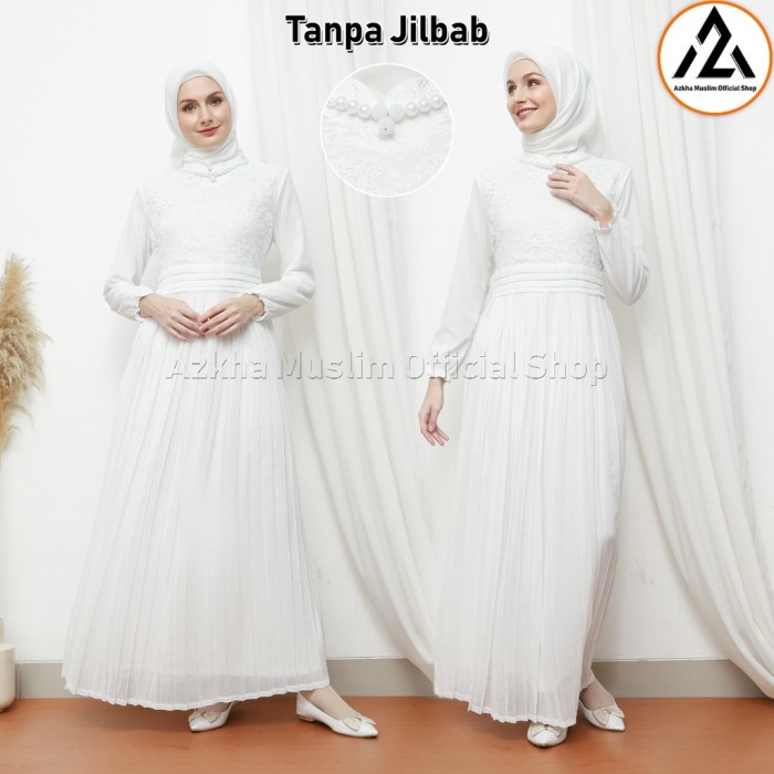 Brokat Umroh Lebaran Baju AZKHA Putih Pesta Gamis 6 Wanita Gamis Musli