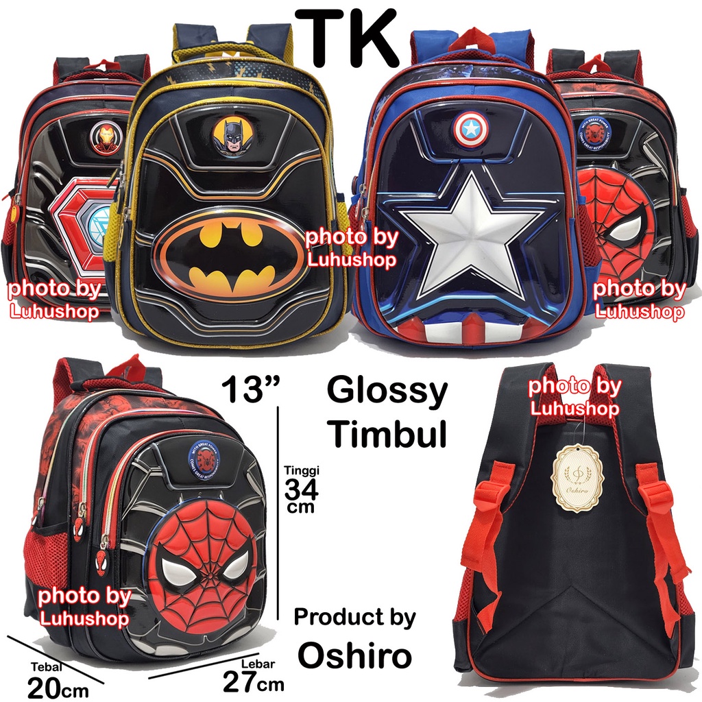 SD / TK Tas Anak Sekolah Laki Laki Ransel Timbul Glossy Superhero Batman Spiderman SUperman Kapten 19013