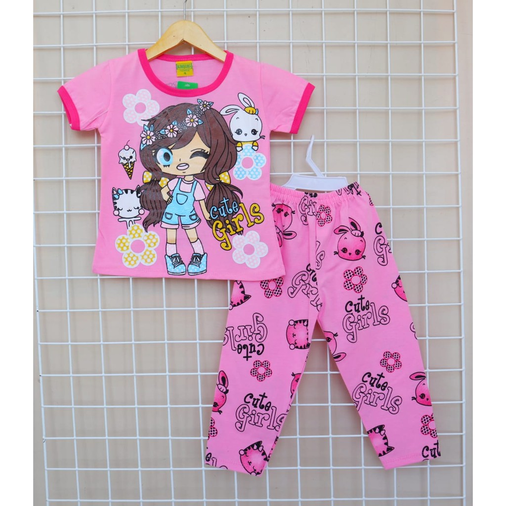 KJ Motif Cute Girl / Setelan Baju Celana Piyama Anak / Bayi Perempuan  Usia 2 - 8 tahun