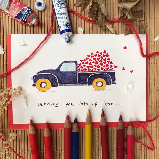 

Kartu ucapan watercolor lucu — love truck by Mentol Art