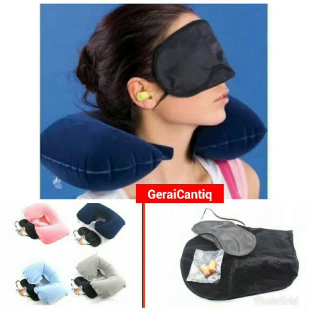 INFLATABLE TRAVEL PILLOW - BANTAL LEHER + PENUTUP MATA TELINGA