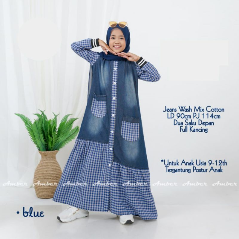 Fria Gamis Jeans Anak Cewek Tanggung Umur 9 - 12 Tahun Maxi Dress Jins Lengan Kotak Kotak Baju Murah